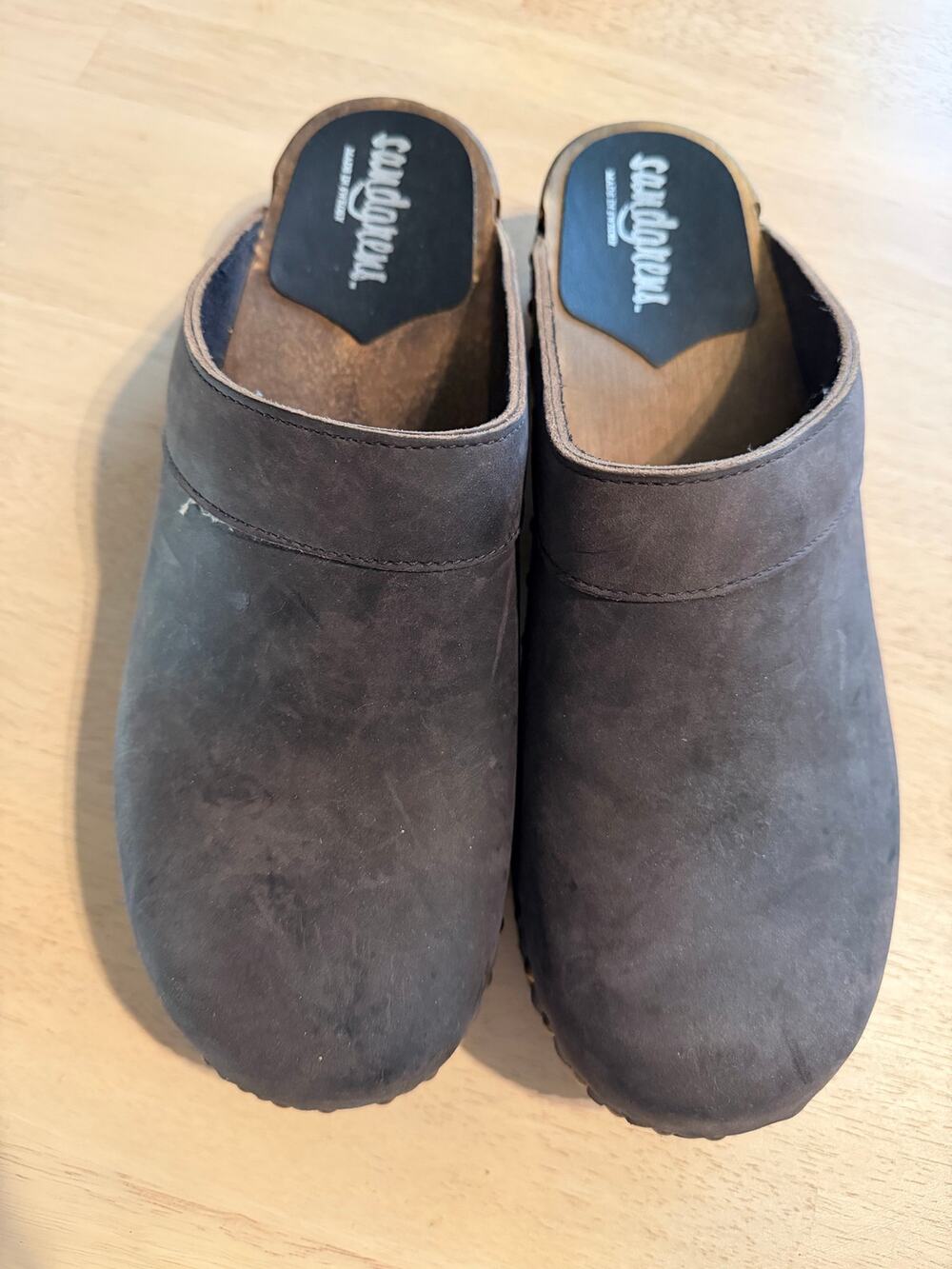 Sandgrens Brown Nubuck Leather Wood Slip On Clog Mules EU 45 US 12 Boho